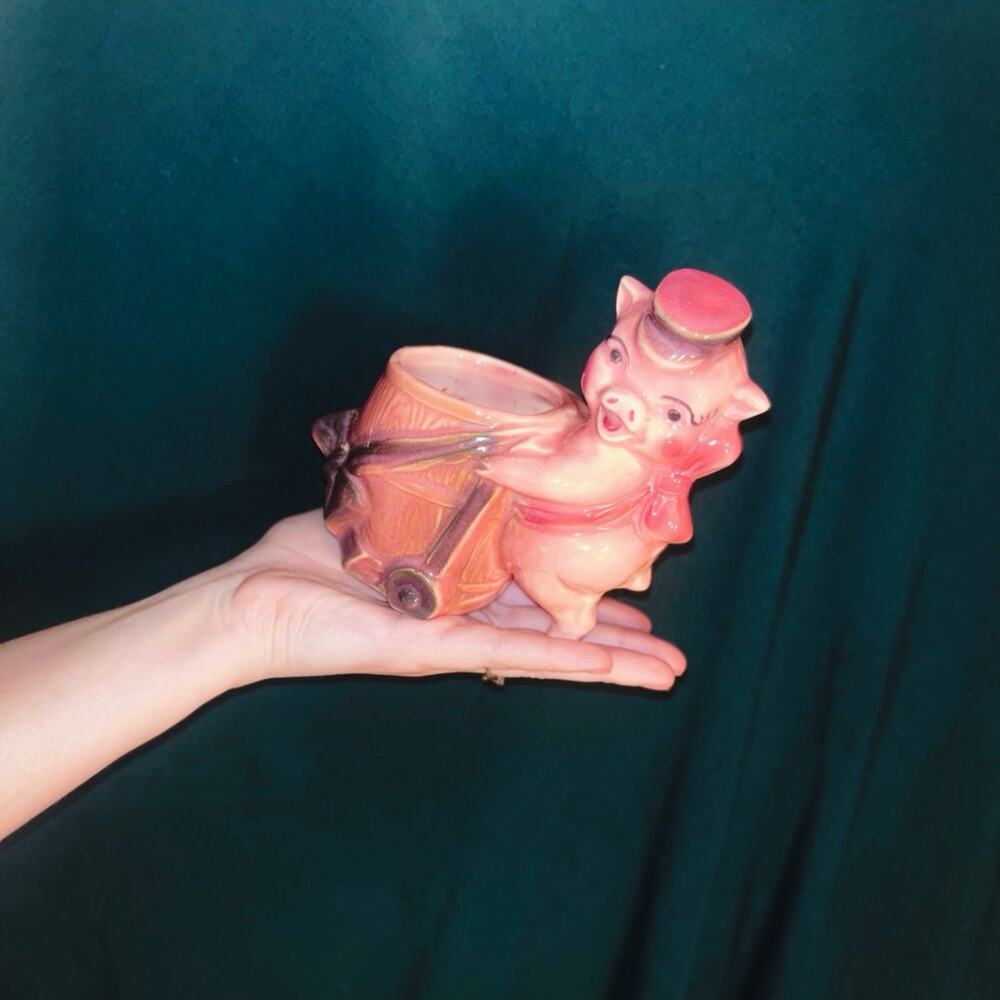 Vtg 1950s MCM Ceramic Pink Bow Piglet w/Barrel Planter